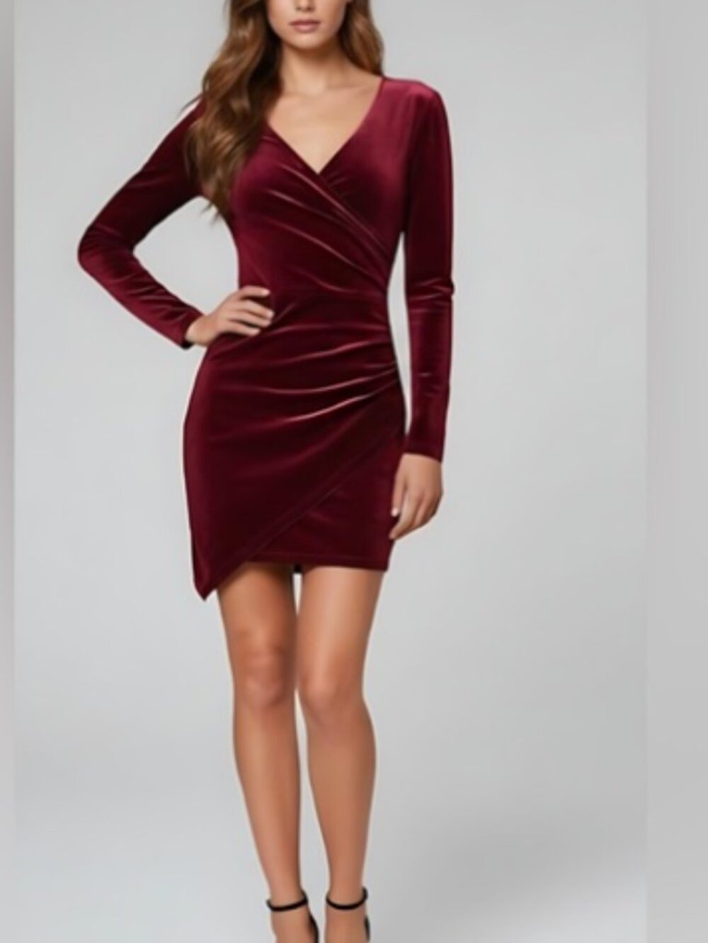 Ruched Front Velvet Dress Burgundy